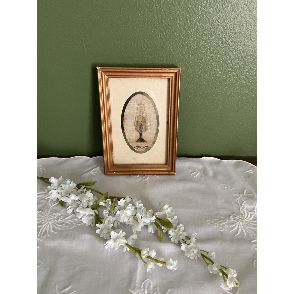 Vintage Framed Cross Stitch Embroidery Tree Candle Folk Art Gold Frame‎ Signed
